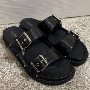 Guess NWOT Glossy Black Slides with Silver Buckles US 11